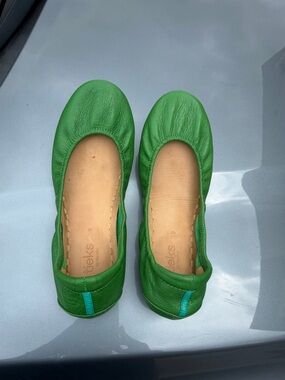 Tieks Bright Green Leather Ballet Flats with Teal Heel Tab